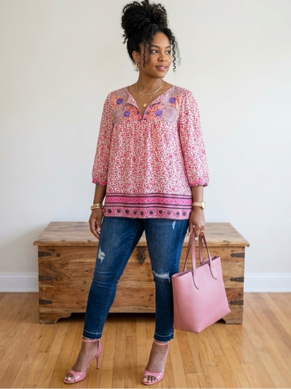 100% Silk Floral Embroidered Pink Peasant Blouse